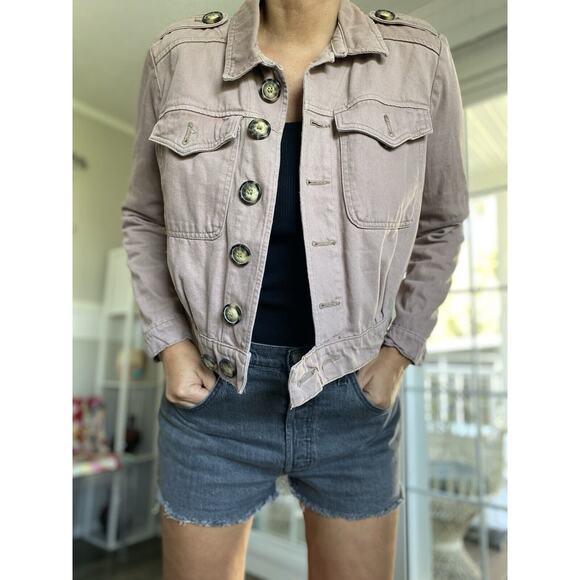 FREE PEOPLE Cotton Slouchy Eisenhower Purple Denim Jacket Oversized Buttons XS - Picture 1 of 11